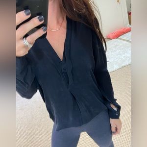 VINCE 100% Silk Navy Blue Dolman Sleeve Placket V-neck Blouse size S